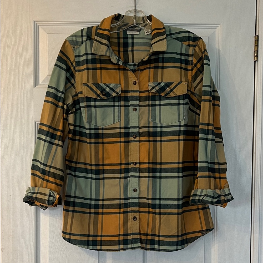 L.L. Bean Green and Orange Plaid Button Down Shirt